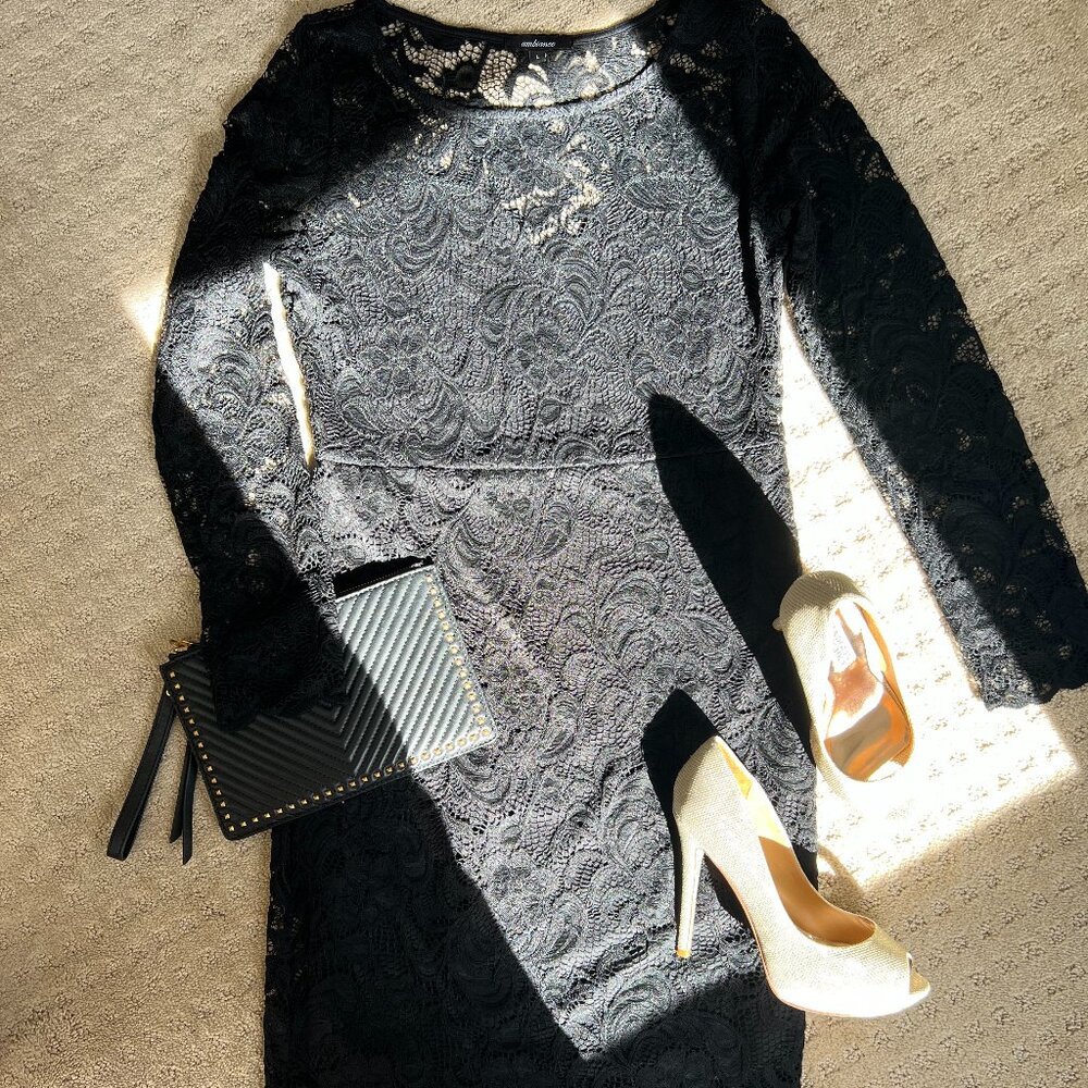 Ambiance Long sleeve Double Layer Stretch Lace Dress SIZE L